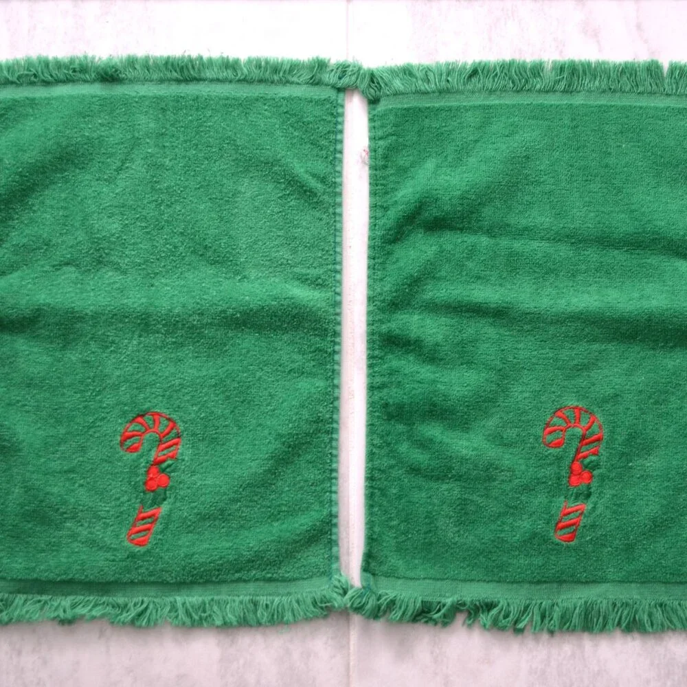 Christmas Hand Towels, Pair, Vintage Cannon Embroidered Candy Canec, Cotton, USA